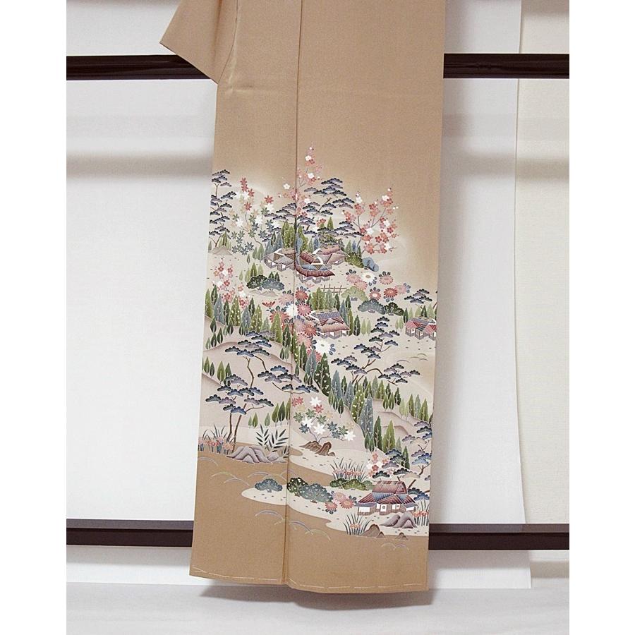 色留袖 未使用仕付け 正絹 比翼 落款 京加賀 山郷風景絵図 158.5cm前後 