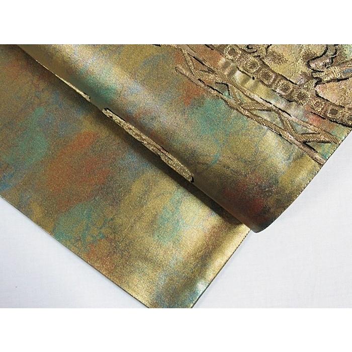 錦 袋帯】楼蘭古代文様 引き箔仕様／タマムシ色【美品】ガード加工済 