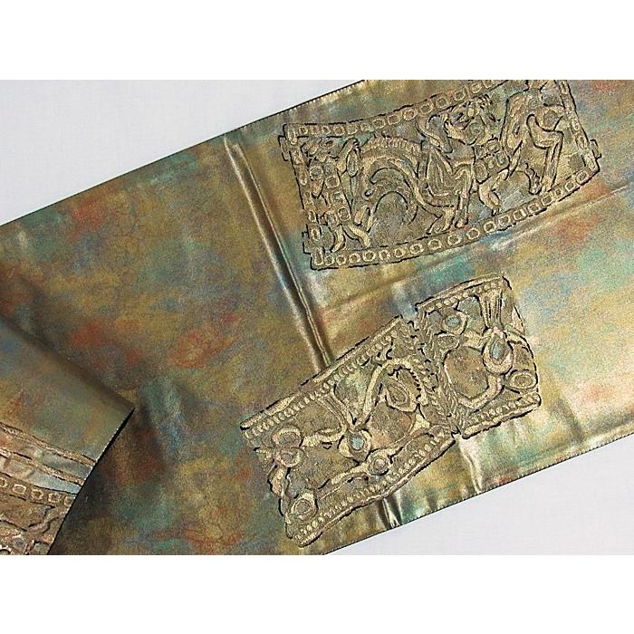 錦 袋帯】楼蘭古代文様 引き箔仕様／タマムシ色【美品】ガード加工済 