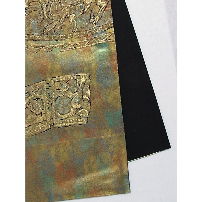 錦 袋帯】楼蘭古代文様 引き箔仕様／タマムシ色【美品】ガード加工済 