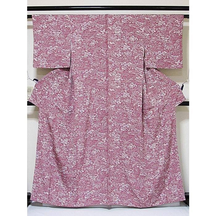 小紋 袷着物 綸子 流水に吉祥花 紫がかったローズピンク 162cm前後