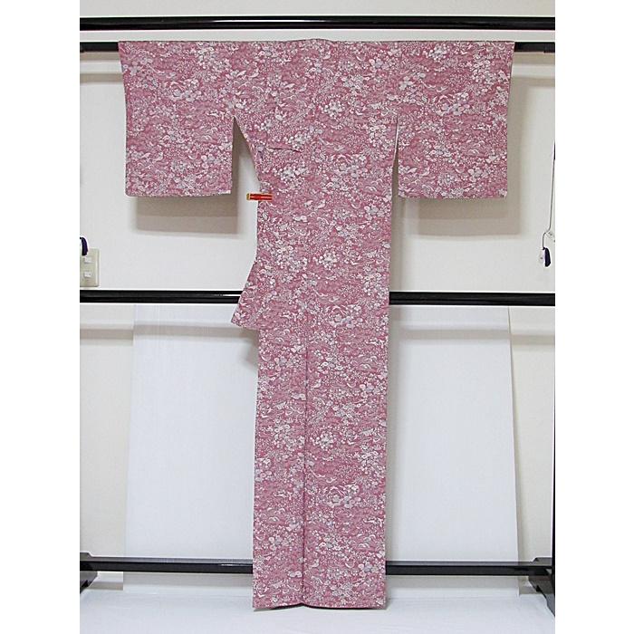 小紋 袷着物 綸子 流水に吉祥花 紫がかったローズピンク 162cm前後