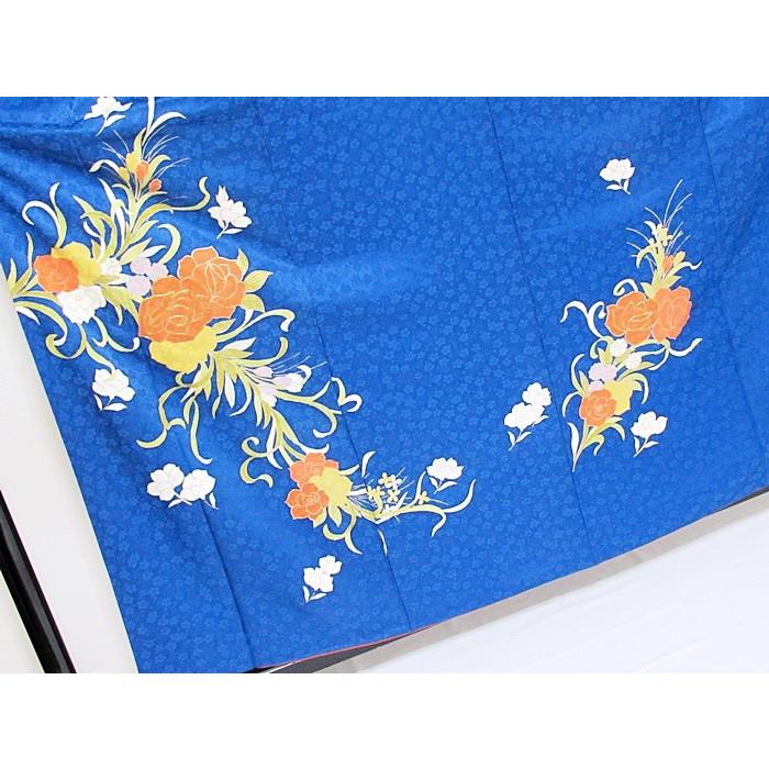 附下げ 袷着物】紋綸子／薔薇（バラ）／金駒刺繍／花紺☆161cm前後 