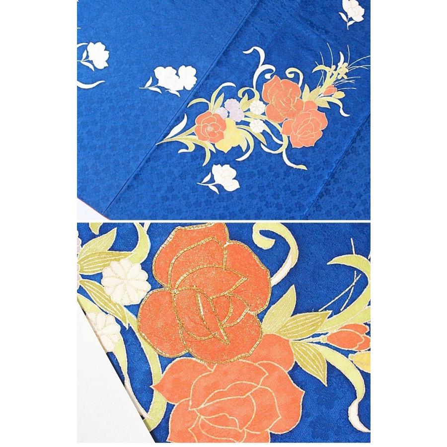 附下げ 袷着物】紋綸子／薔薇（バラ）／金駒刺繍／花紺☆161cm前後 