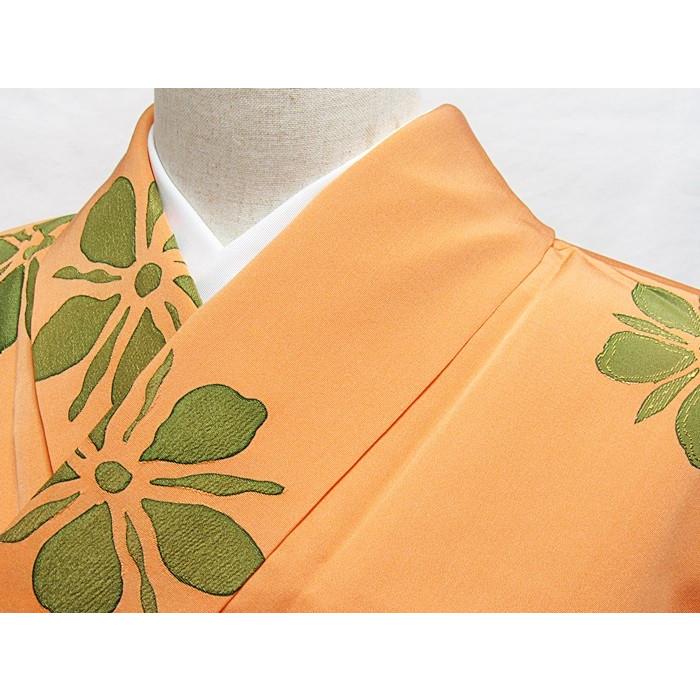 使用感なし】【小紋】袷着物 紋綸子／花／地紋おこし／オレンジ☆159cm 