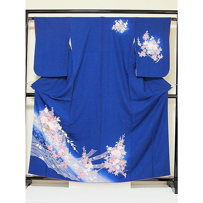 附下げ】袷着物 綸子／熨斗 波に吉祥花文／160cm前後ベスト☆ブルー 