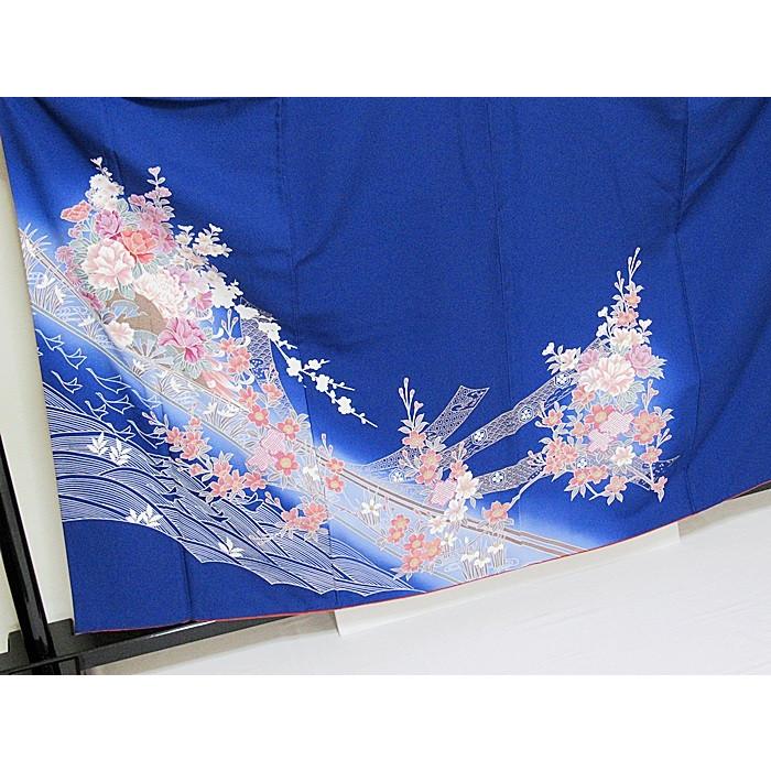 附下げ】袷着物 綸子／熨斗 波に吉祥花文／160cm前後ベスト☆ブルー