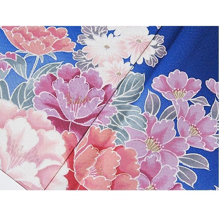附下げ】袷着物 綸子／熨斗 波に吉祥花文／160cm前後ベスト☆ブルー【