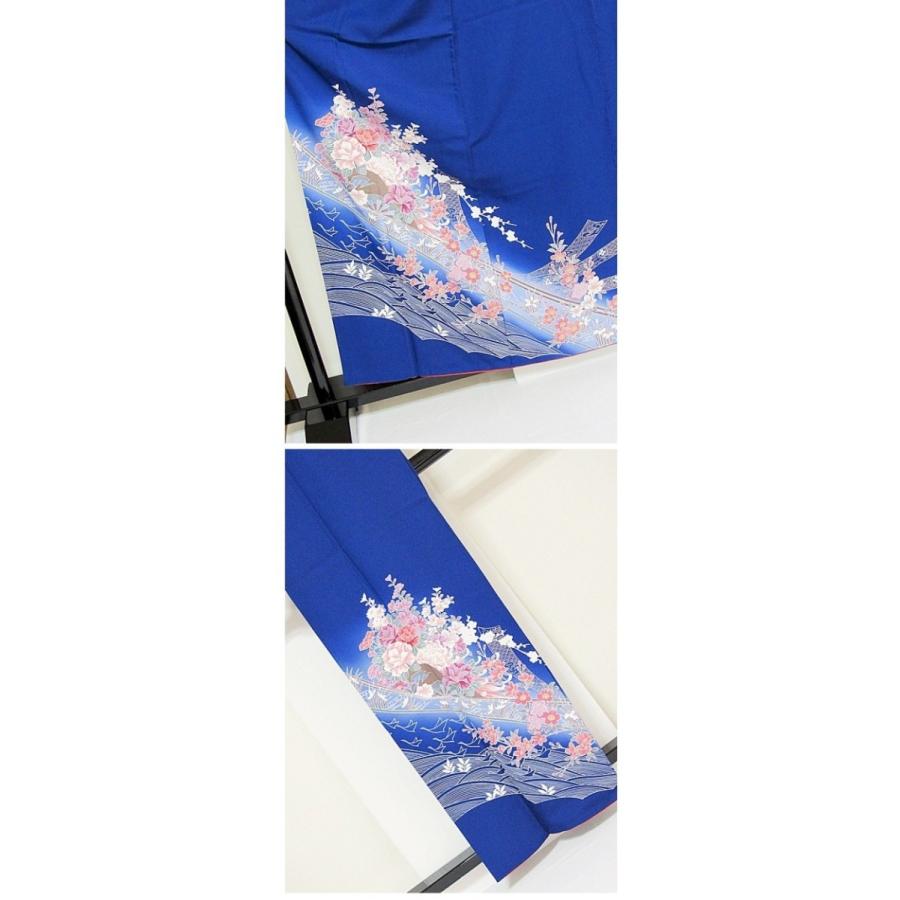 附下げ】袷着物 綸子／熨斗 波に吉祥花文／160cm前後ベスト☆ブルー 