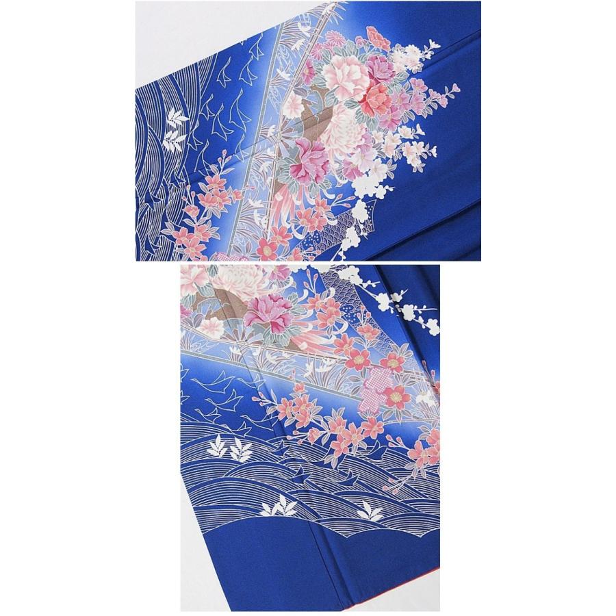 附下げ】袷着物 綸子／熨斗 波に吉祥花文／160cm前後ベスト☆ブルー 