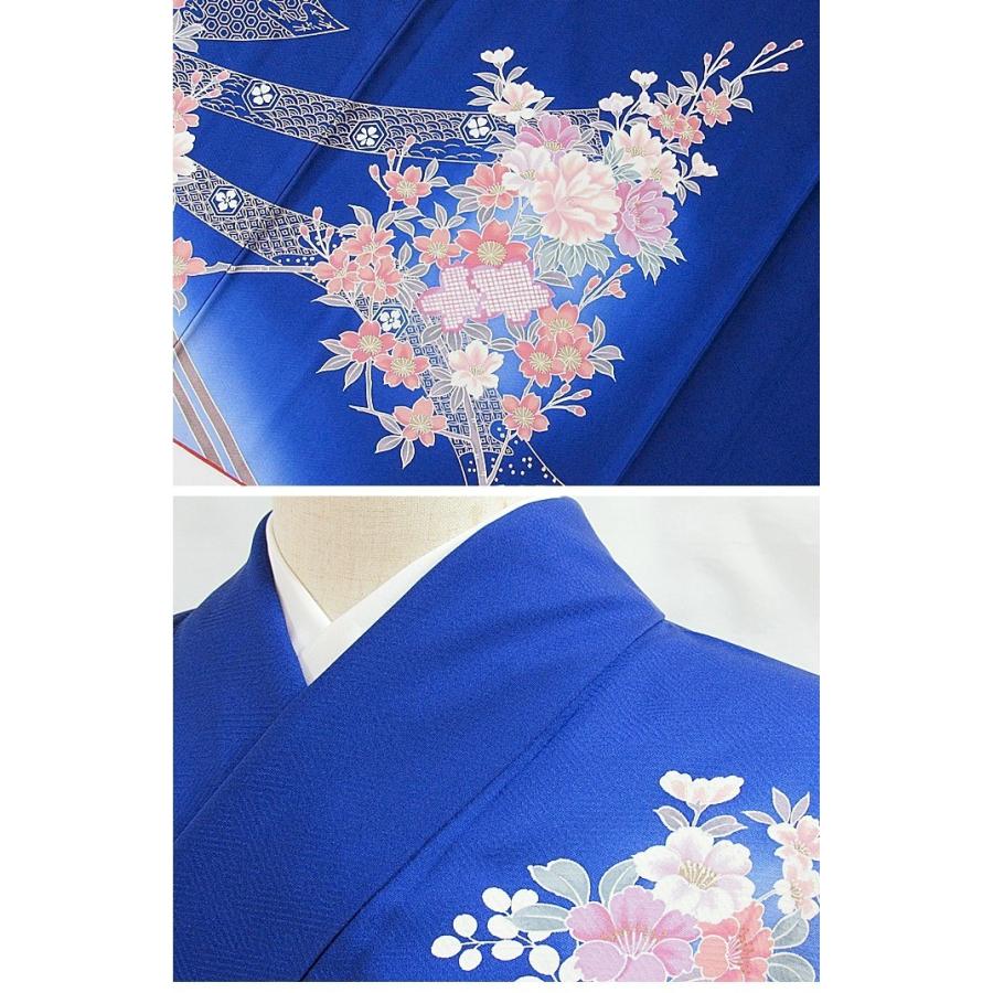 附下げ】袷着物 綸子／熨斗 波に吉祥花文／160cm前後ベスト☆ブルー 