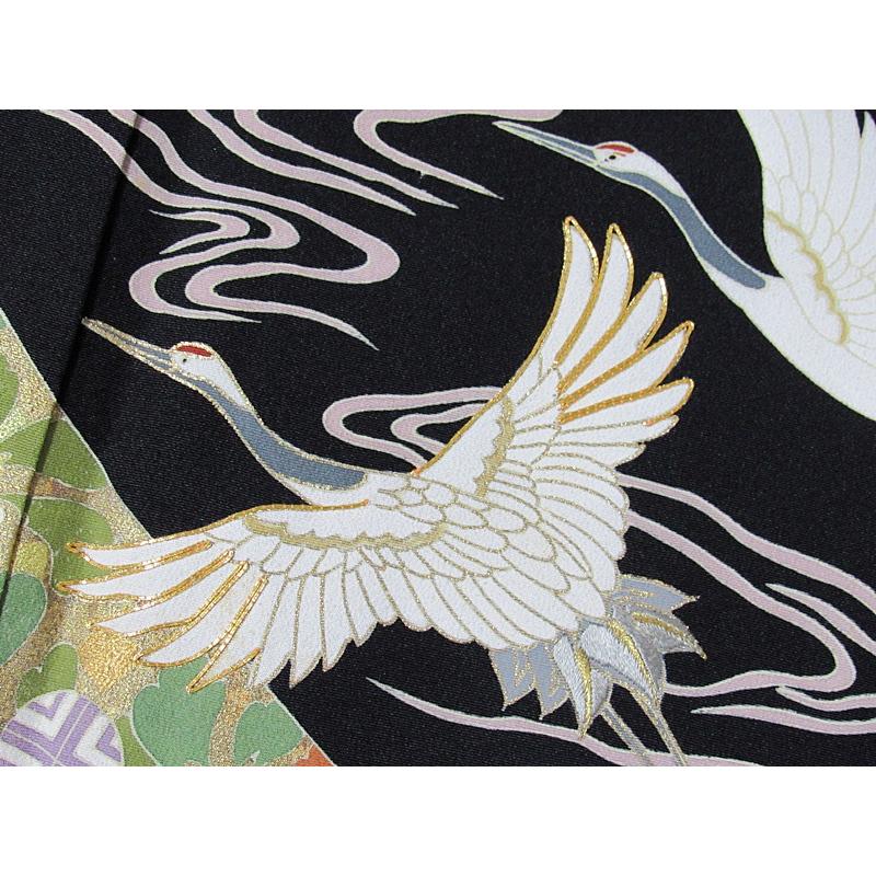 黒留袖 一越 比翼 刺繍 落款 裏雲裂取りに群鶴 151cm前後ベスト 美品 