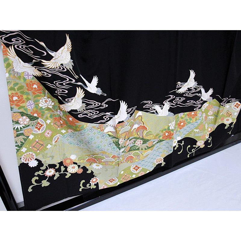 黒留袖 一越 比翼 刺繍 落款 裏雲裂取りに群鶴 151cm前後ベスト 美品 