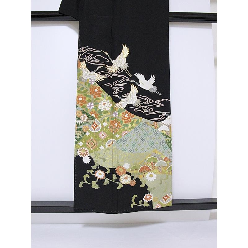 黒留袖 一越 比翼 刺繍 落款 裏雲裂取りに群鶴 151cm前後ベスト 美品 
