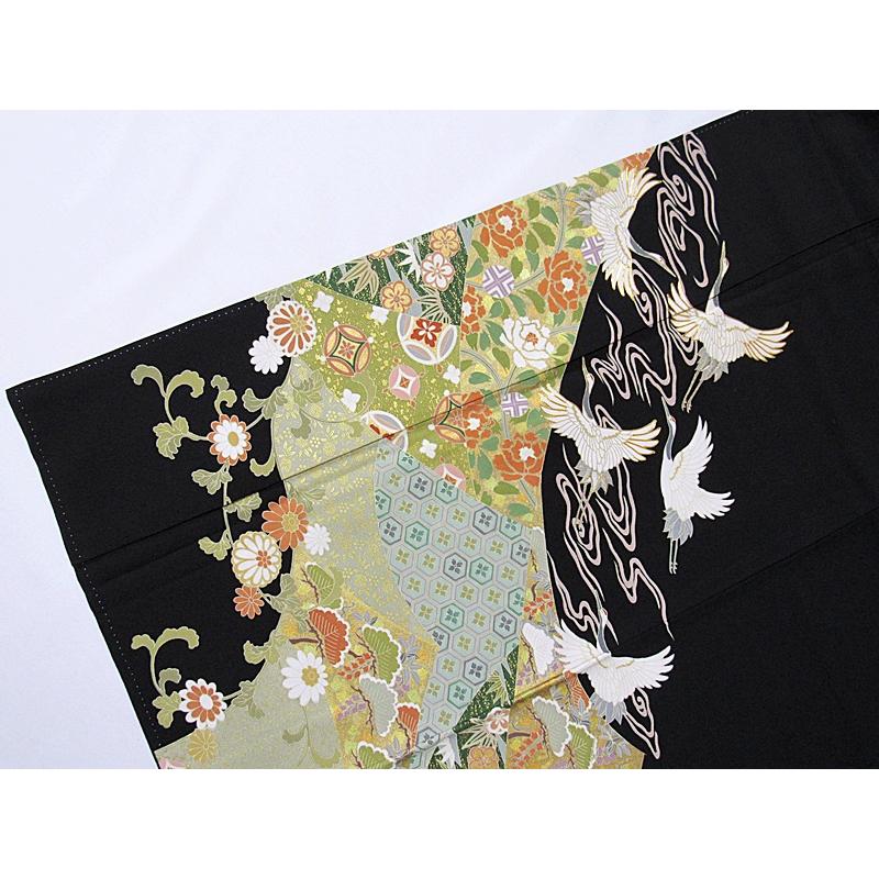 黒留袖 一越 比翼 刺繍 落款 裏雲裂取りに群鶴 151cm前後ベスト 美品 