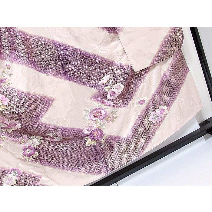 振袖 正絹 綸子 総刺繍 小紋箔 松皮取りに牡丹 菊 151cm前後ベス 薄 