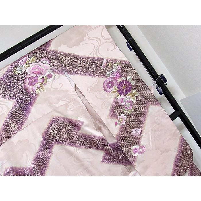振袖 正絹 綸子 総刺繍 小紋箔 松皮取りに牡丹 菊 151cm前後ベス 薄 