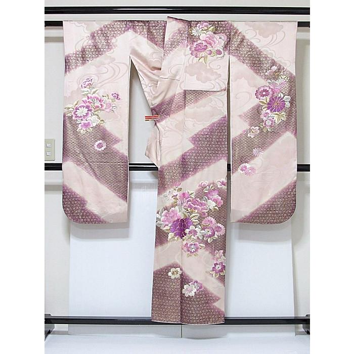 振袖 正絹 綸子 総刺繍 小紋箔 松皮取りに牡丹 菊 151cm前後ベス 薄  