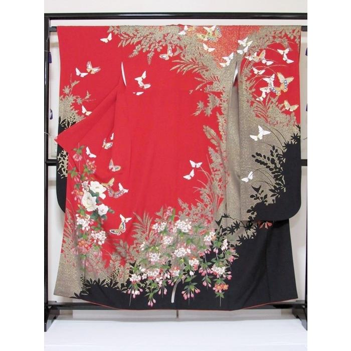 振袖 正絹 一越 椿に枝垂れ桜 蝶 レッド 黒(裾) 156cm前後の方 美品 