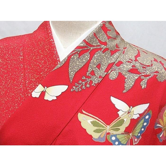 振袖 正絹 一越 椿に枝垂れ桜 蝶 レッド 黒(裾) 156cm前後の方 美品 