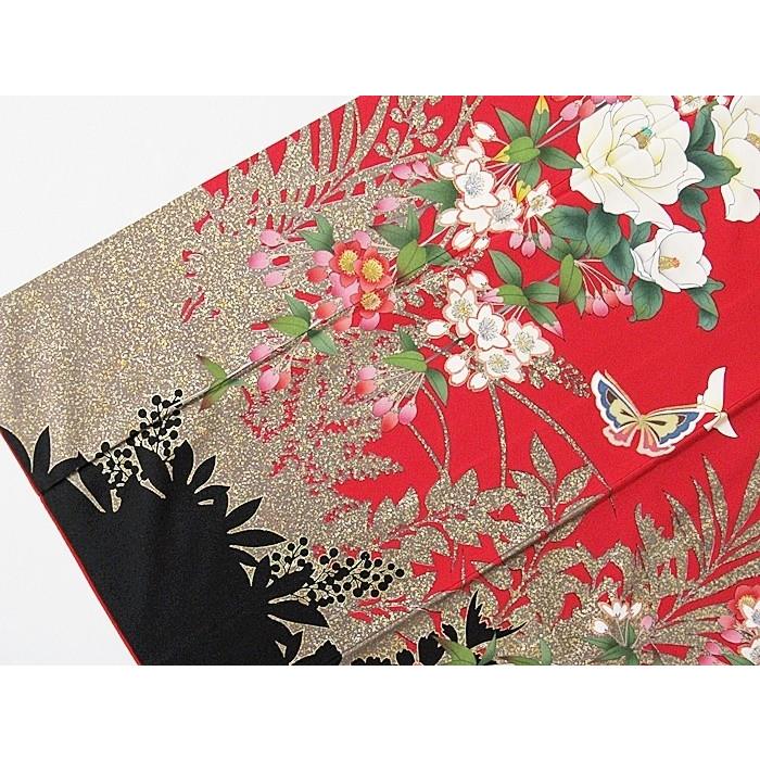 振袖 正絹 一越 椿に枝垂れ桜 蝶 レッド 黒(裾) 156cm前後の方 美品 