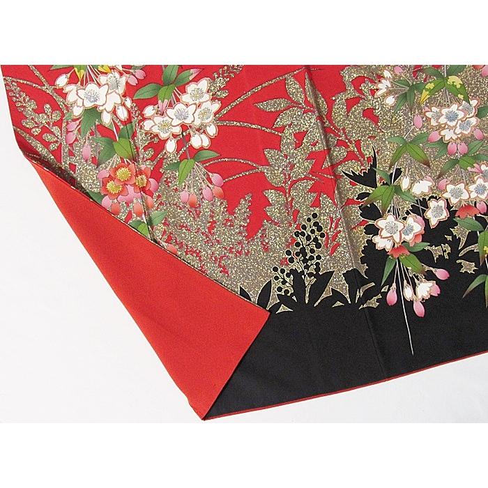 振袖 正絹 一越 椿に枝垂れ桜 蝶 レッド 黒(裾) 156cm前後の方 美品 