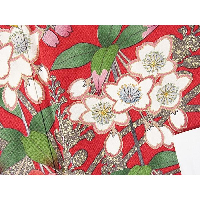 振袖 正絹 一越 椿に枝垂れ桜 蝶 レッド 黒(裾) 156cm前後の方 美品 