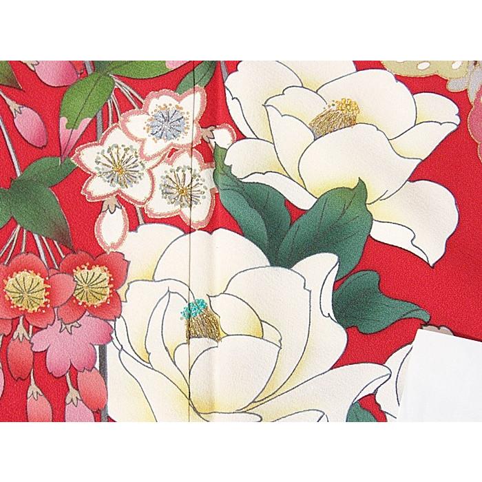 振袖 正絹 一越 椿に枝垂れ桜 蝶 レッド 黒(裾) 156cm前後の方 美品 