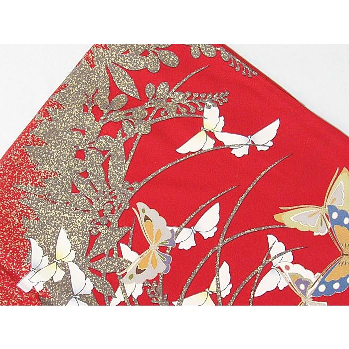 振袖 正絹 一越 椿に枝垂れ桜 蝶 レッド 黒(裾) 156cm前後の方 美品 