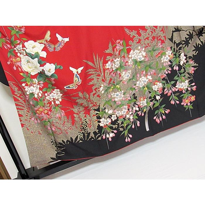 振袖 正絹 一越 椿に枝垂れ桜 蝶 レッド 黒(裾) 156cm前後の方 美品 