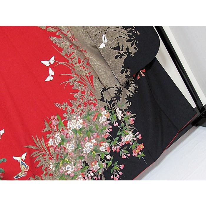 振袖 正絹 一越 椿に枝垂れ桜 蝶 レッド 黒(裾) 156cm前後の方 美品 
