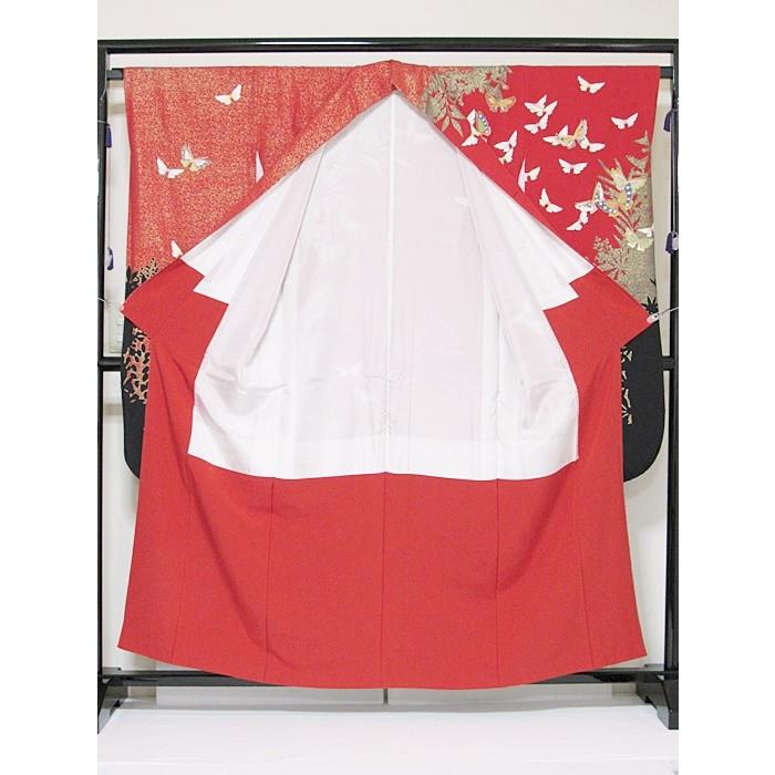 振袖 正絹 一越 椿に枝垂れ桜 蝶 レッド 黒(裾) 156cm前後の方 美品 