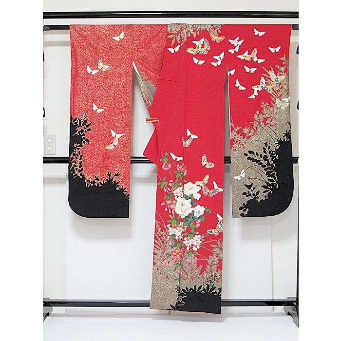 振袖 正絹 一越 椿に枝垂れ桜 蝶 レッド 黒(裾) 156cm前後の方 美品 