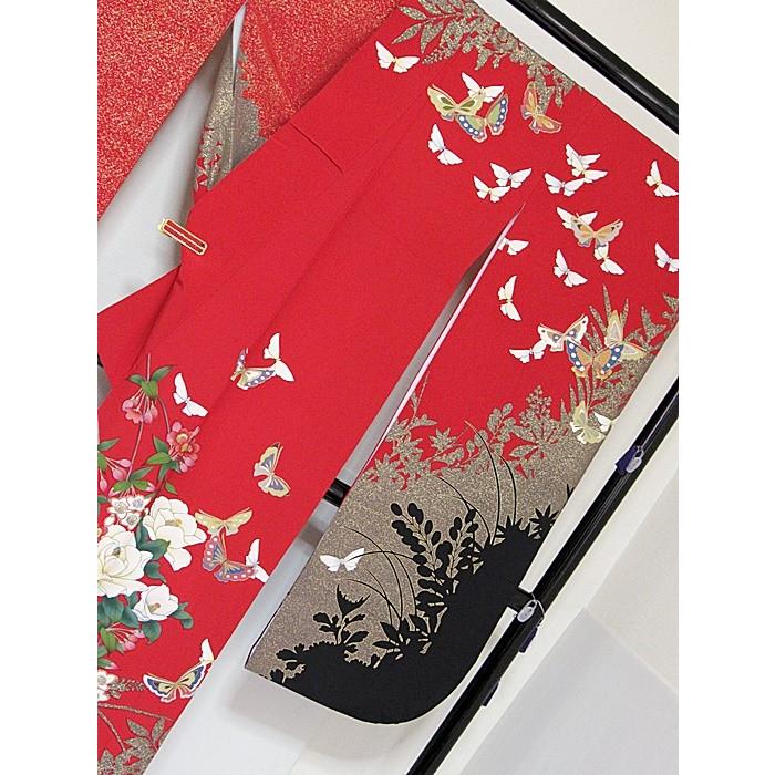 振袖 正絹 一越 椿に枝垂れ桜 蝶 レッド 黒(裾) 156cm前後の方 美品 