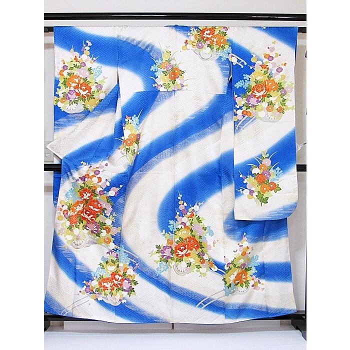 振袖 正絹 綸子 流水 牡丹四季花 花車 刺繍 白地 ブルー 160cm前後の方 
