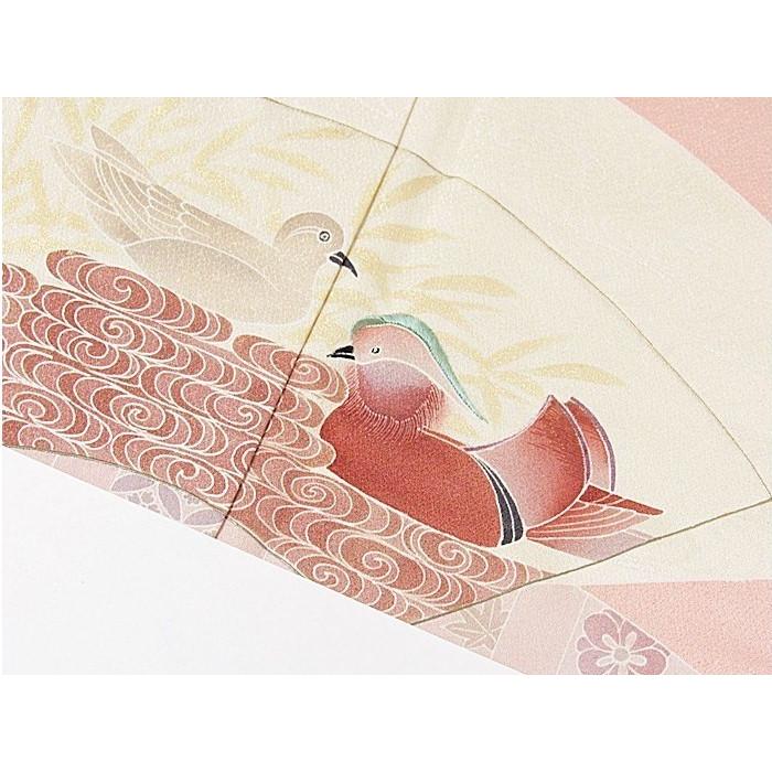 附下げ 袷着物】一つ紋入り（檜扇）／紋綸子／刺繍入り 地紙にオシドリ 