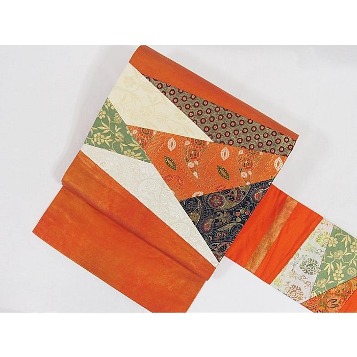 錦織 九寸名古屋帯】金通し 切嵌め（きりばめ）技法 ☆朱赤【美品 