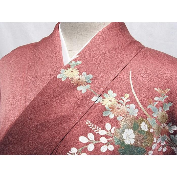 訪問着 袷 刺繍 雪輪に牡丹 四季花 155cm前後ベスト【美品】 : kimono 
