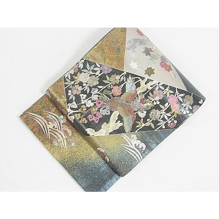 錦袋帯】落款入り 本蝶貝 裂取り 花鳥図☆グリーングレー/金【美品 