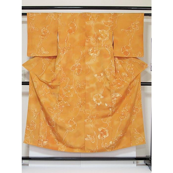 友禅】袷着物／梨地／臈纈染（ローケツ）／オレンジ（赤みがかった