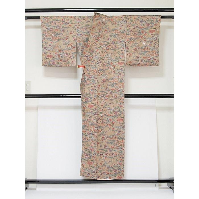 小紋 着物 花鳥文様 袷 小紋】袷着物／紋綸子／小付け吉祥花鳥文／クルミ色☆149cm前後ベスト