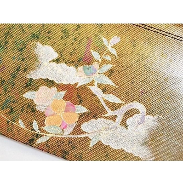 錦 袋帯】【ワンポイント】垂れ部分にワンポイント柄／焼箔仕様☆黒地 