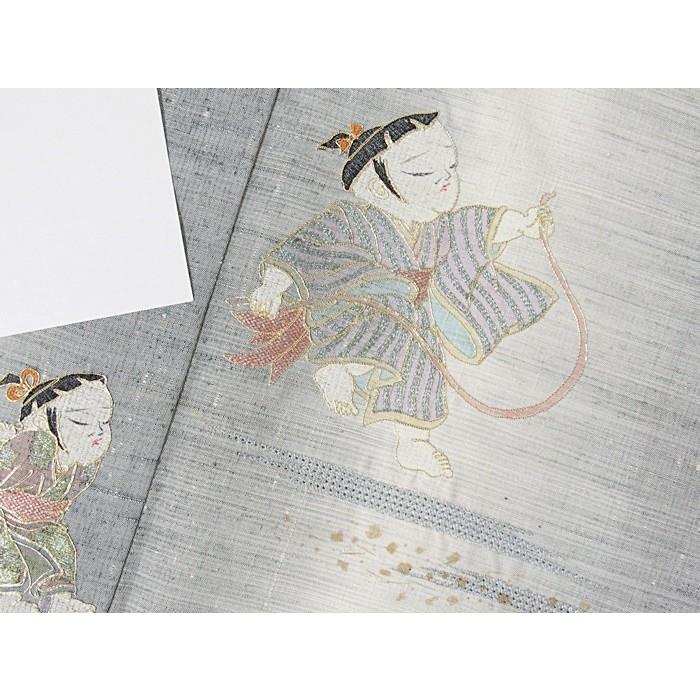 附下げ 袷 紬 落款 京友禅作家手描き 刺繍 遊び 童子 155cm前後ベスト 