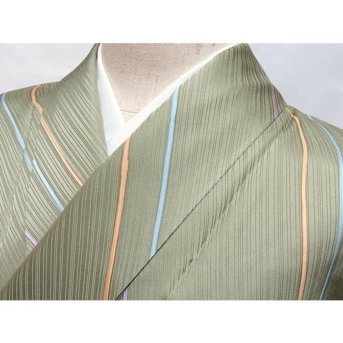 小紋】袷着物 綸子斜線筋／グリーン☆159cm前後ベスト【美品】お薦め 