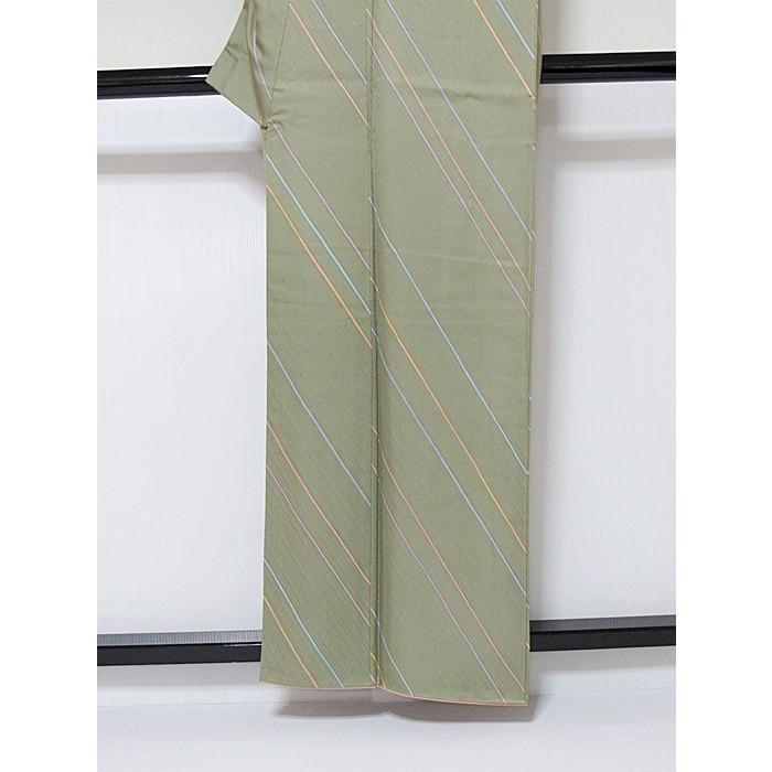 小紋】袷着物 綸子斜線筋／グリーン☆159cm前後ベスト【美品】お薦め 