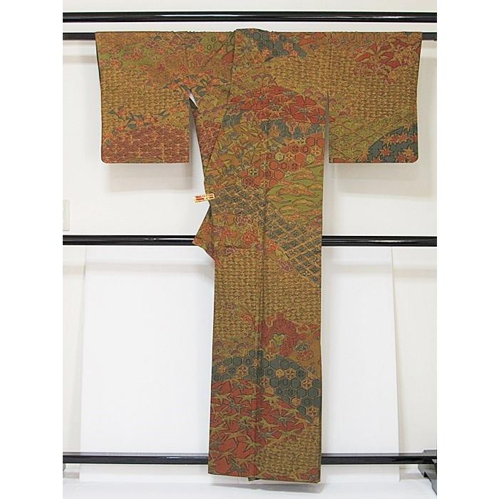 訪問着】袷着物 上代紬／手描き 臈纈 遠山に吉祥文様 ／160cm前後 