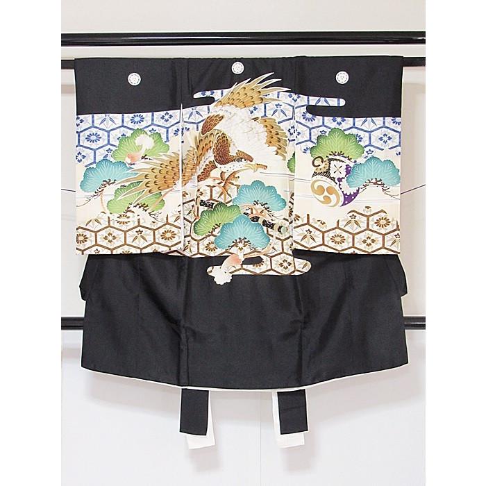 【未使用 アウトレット タグ付き】【男児 産着 正絹】【初着 祝い着】羽二重 紋付き（5つ）／鷹 霞に松／黒【美品】お薦めです