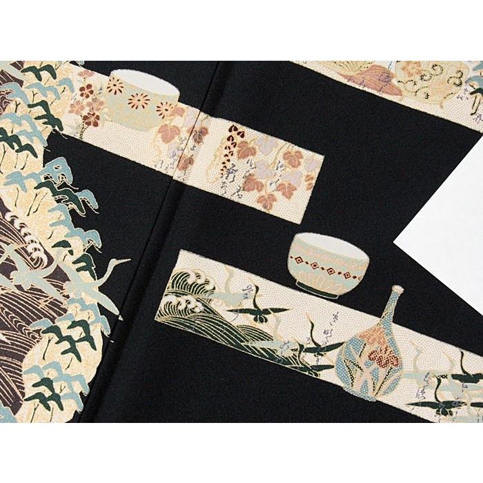 未使用 黒留袖 正絹一越 比翼(化繊) 茶器 波に鶴 松 163cm前後ベスト 