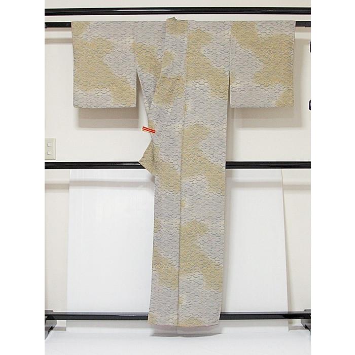 小紋】袷着物 綸子 縄編み青海波／グレー 黄土色☆154cm前後ベスト【超 