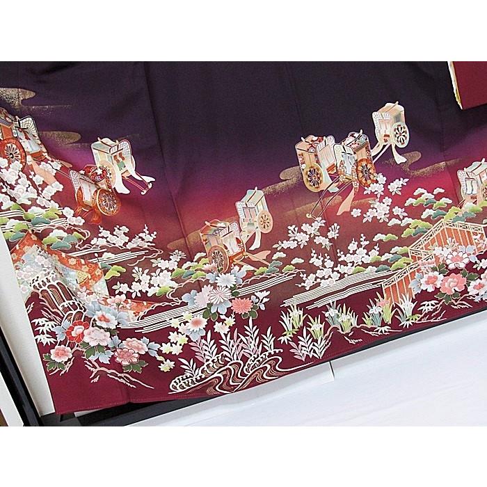 正絹 振袖 紫 御所車 四季花 金彩 駒刺繍 共八掛 豪華 成人式 振袖 正絹 一越 共八掛 幾久重袖 京落慶に御所車 ダークパープル 158cm